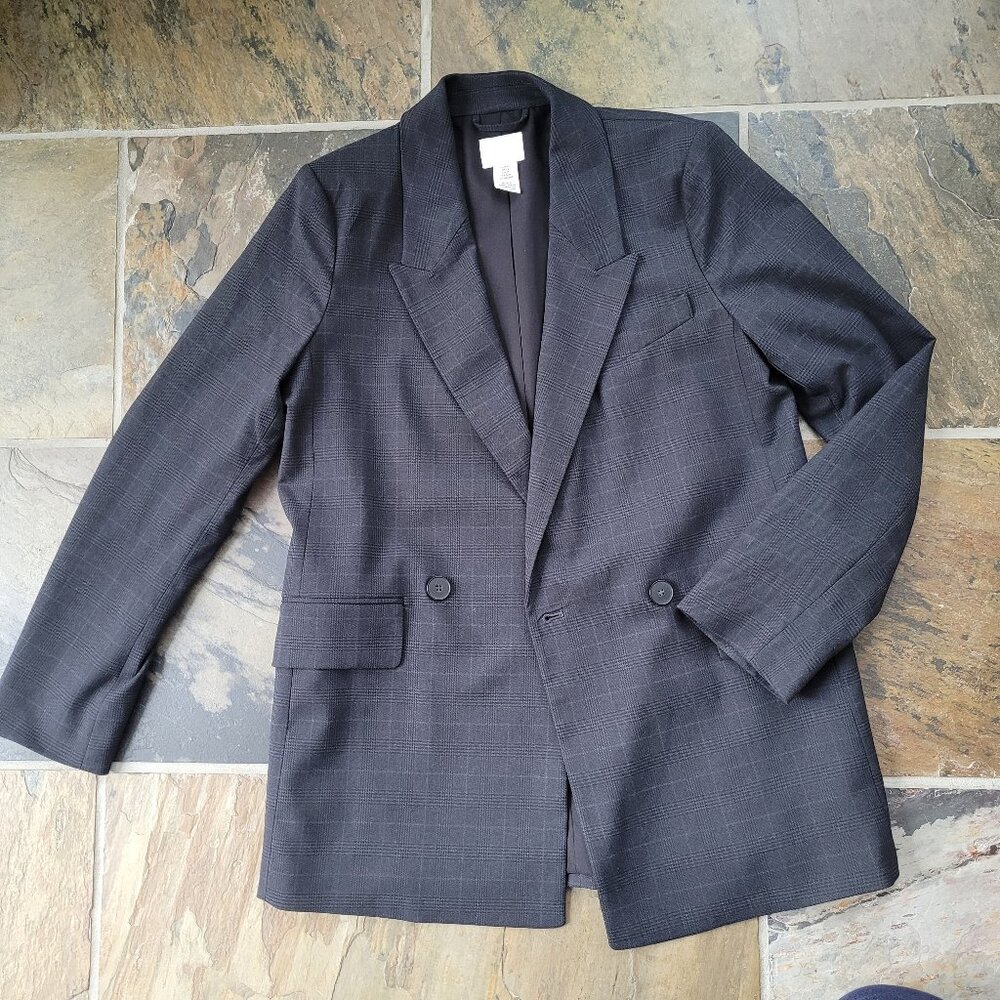 H&M Oversized Double-Breasted Blazer • Size XS • Dark Grey Windowpane